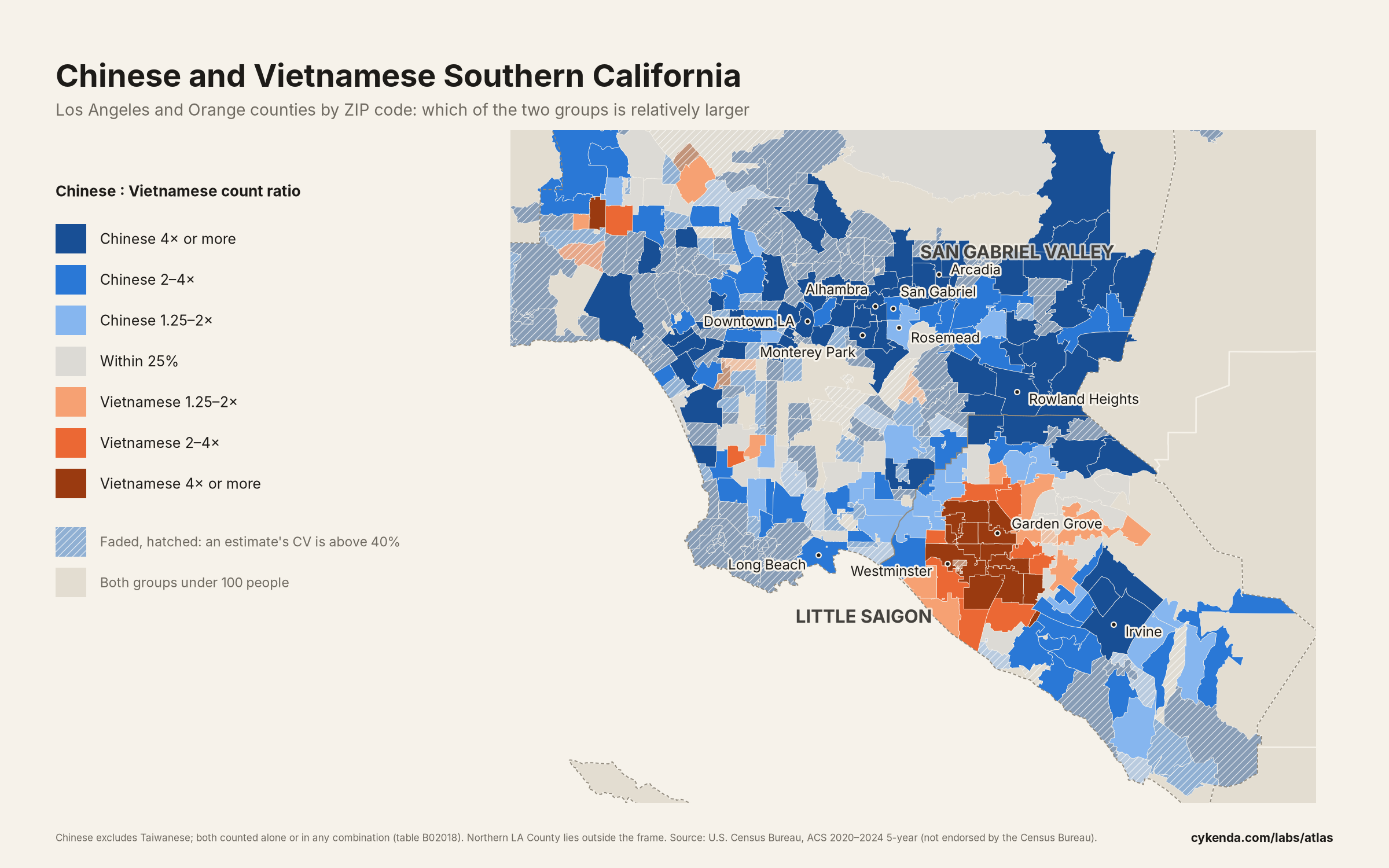 Map of Los Angeles and Orange counties by ZIP code, coloured blue where Chinese Americans outnumber Vietnamese Americans and orange where the reverse holds. Blue covers the San Gabriel Valley east of downtown Los Angeles; orange centres on Westminster and Garden Grove.