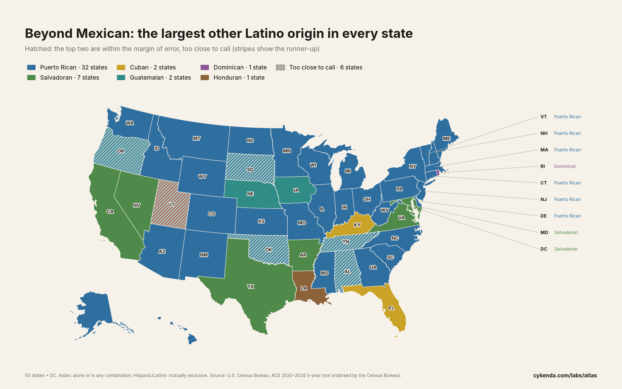 Map of US states coloured by the largest Hispanic or Latino origin other than Mexican.