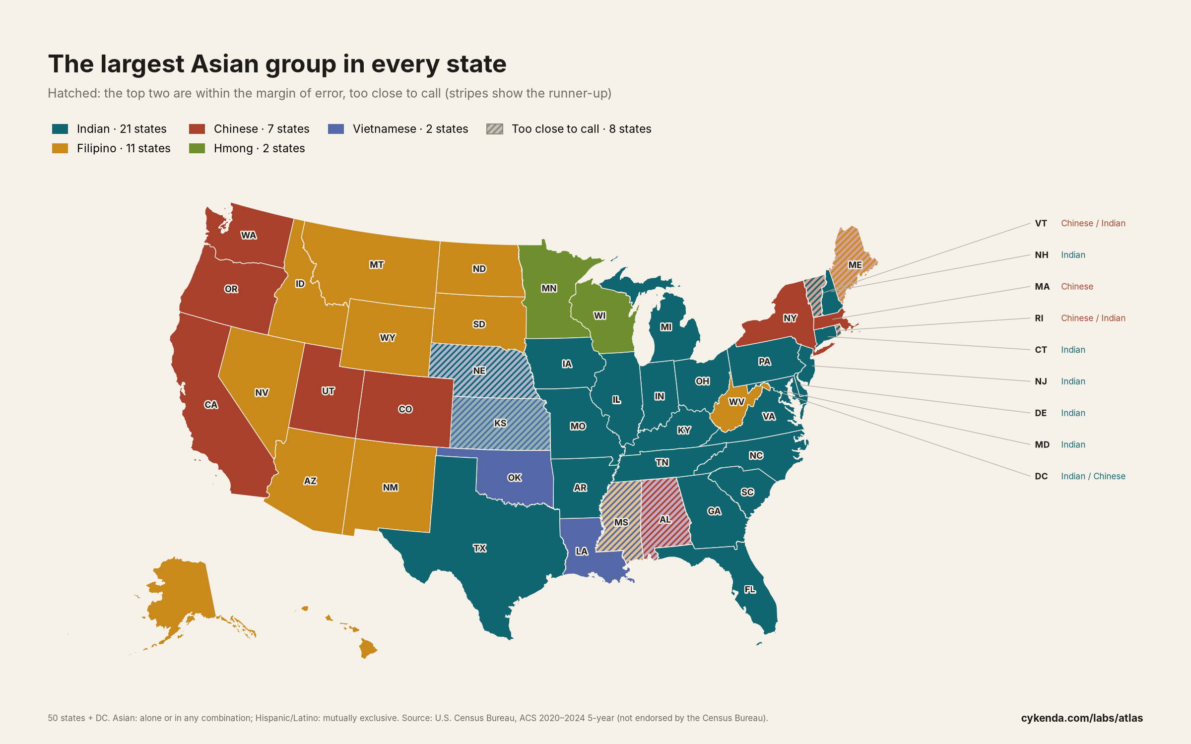 Map of US states coloured by the largest Asian American group in each state.